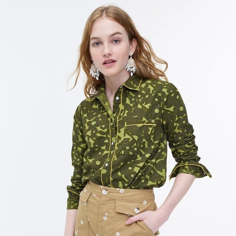 J. Crew Women's XS Olive Green Camo Floral Long Sleeves Button Up Shirt NWOT